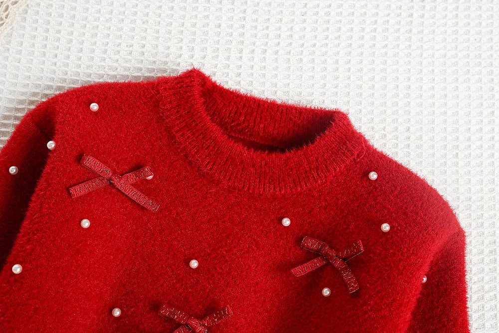 Mädchen Outfit Set mit Bogen Pullover und dünnem Mesh Rock