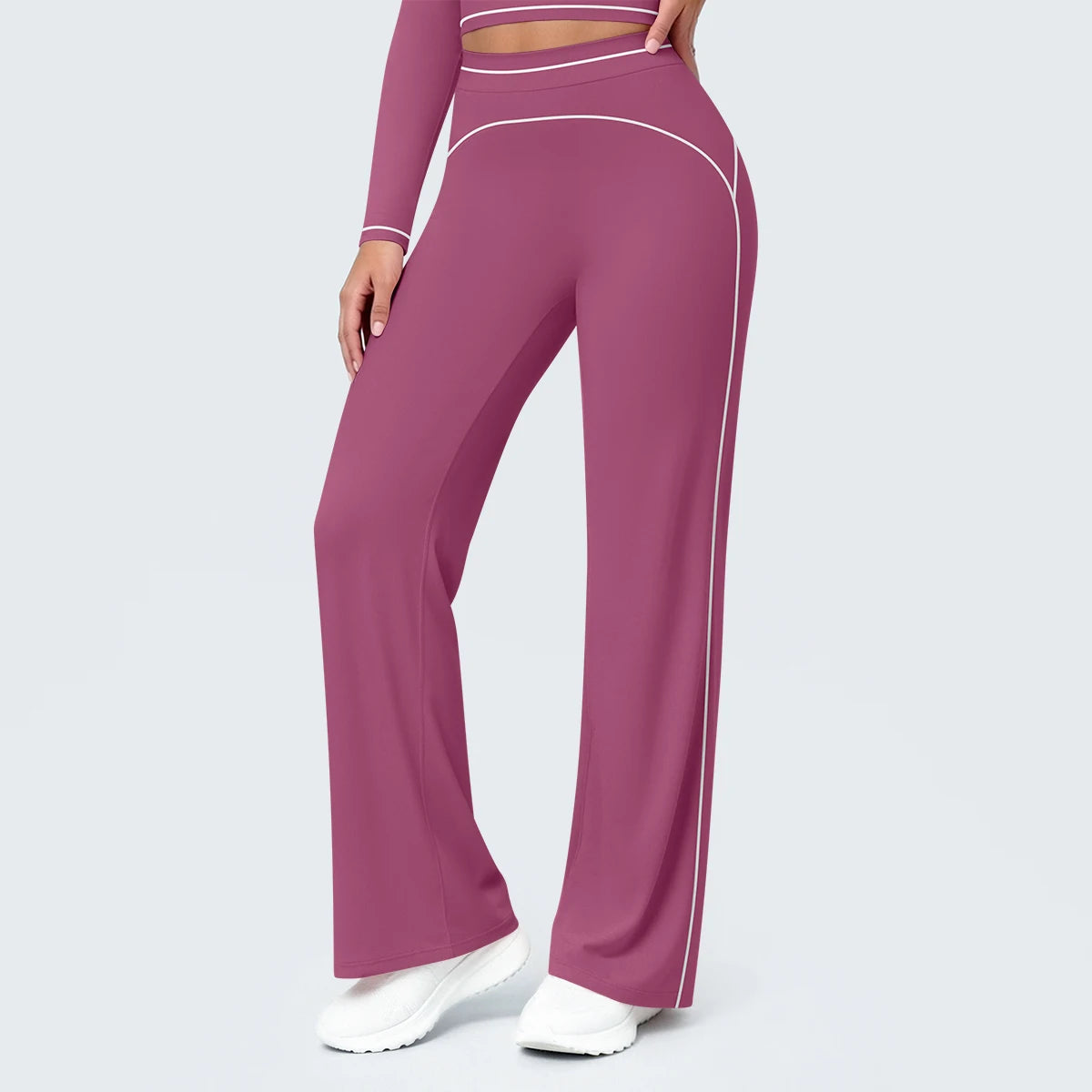 Yoga-Hose für Frauen mit weiter Passform, aubergine, hoher Bund und weißem Zierstreifen