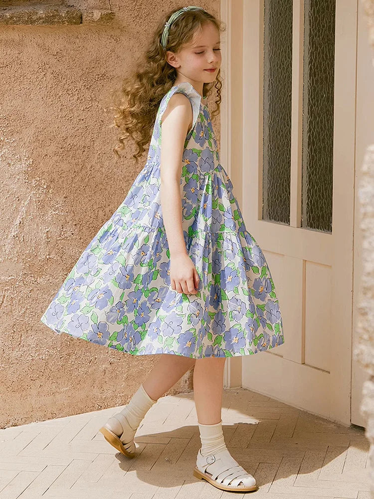 Langärmliges Prinzessinnenkleid aus Gaze in Tiefblau und Rot für Mädchen – Perfekt für Geburtstagsfeiern und Hochzeiten (3-14 Jahre)