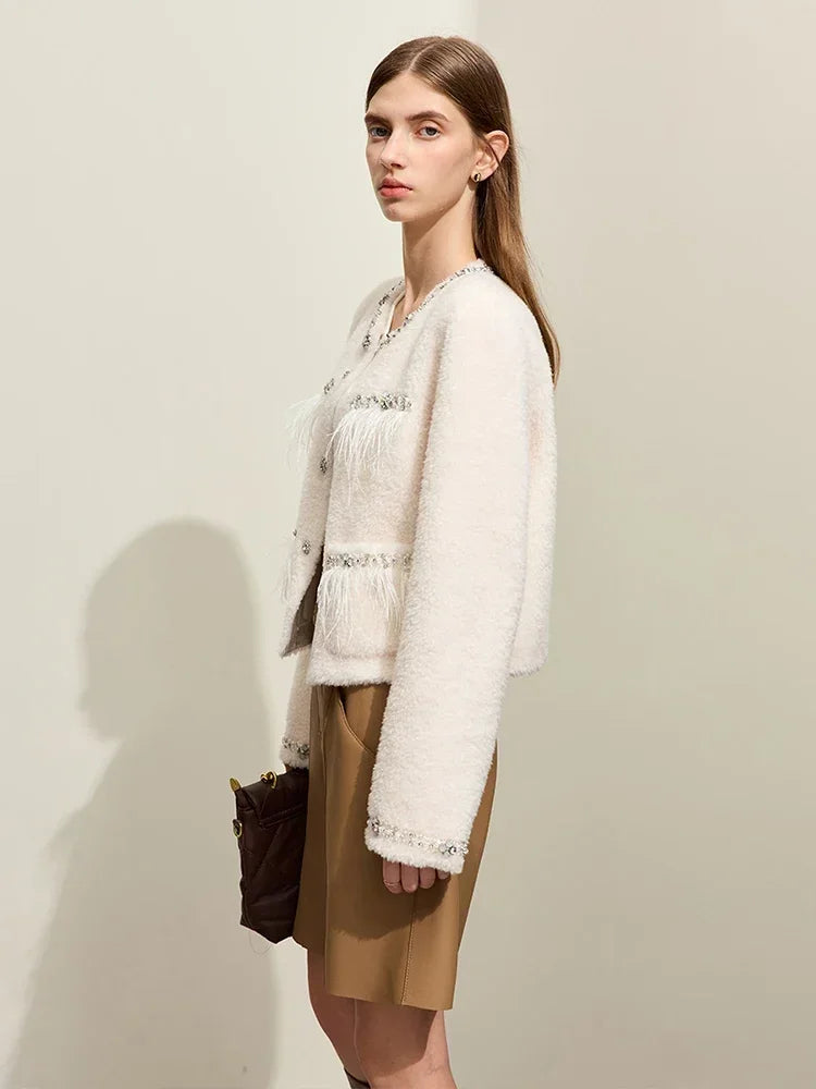 Damen Pelzmantel im neuen Luxus-Stil mit Rundhalsausschnitt und Taschen