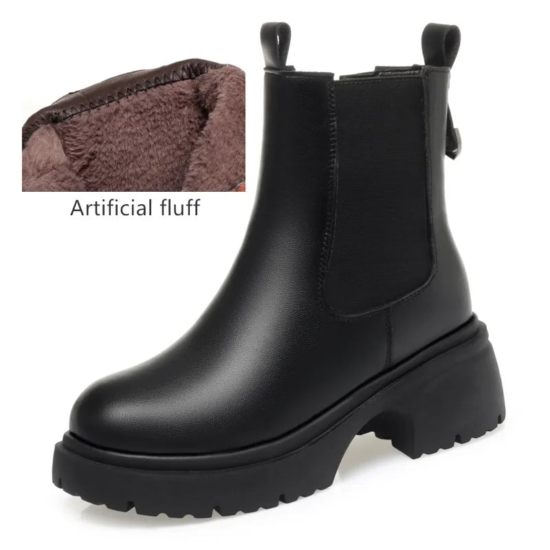 Schwarze Damen-Chelsea-Boots mit Kunstfellfutter, elastischer Schaft, dicke Profilsohle