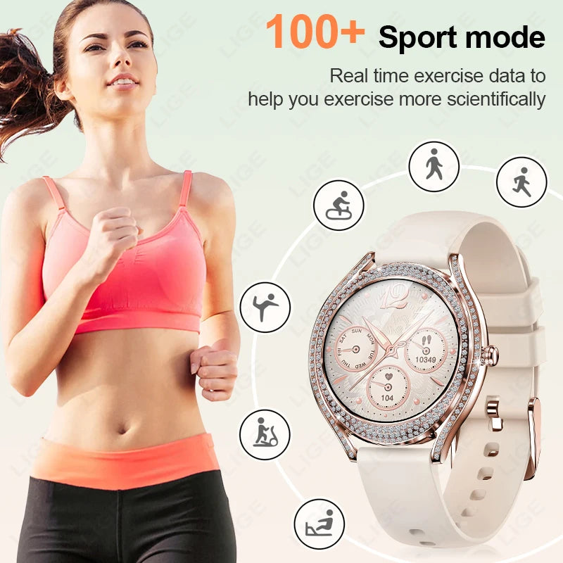 LIGE Neue Frauen Smart Uhr 1,28 Zoll Sport Fitness Armband BT HD Anruf Uhr Wasserdicht Diamant Fall Mode Smartwatch 2025