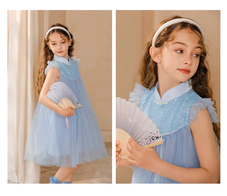 Ärmelloses Sommerkleid für Mädchen mit Blumenmuster und Pailletten – ideal für Hochzeiten und Geburtstagsfeiern