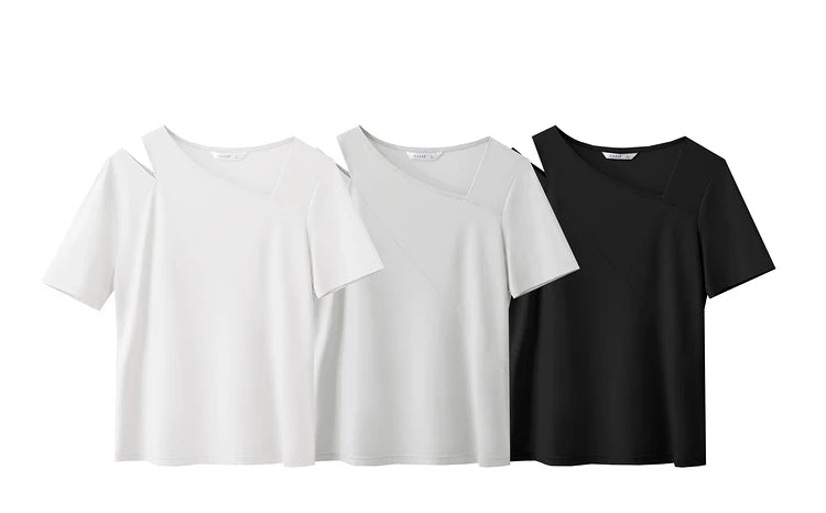 Damen T-Shirts im Minimalismus-Stil mit asymmetrischem V-Ausschnitt und kurzen Ärmeln