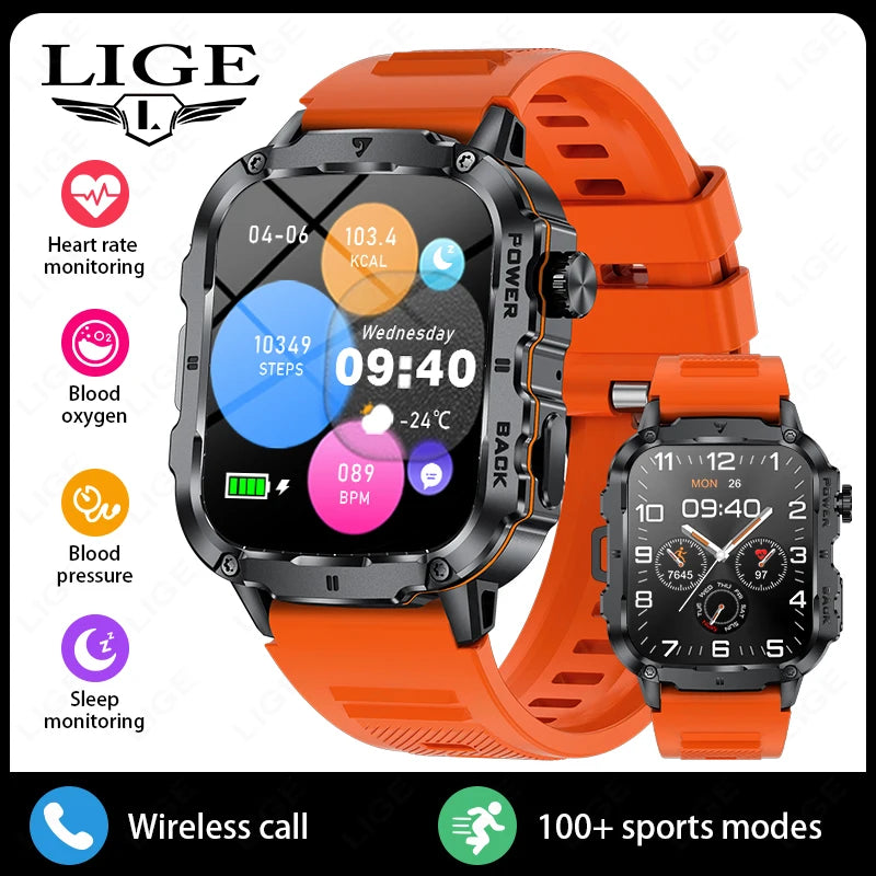 LIGE Outdoor Militär Sport Smart Uhr Männer Frauen Fitness Track Herzfrequenz Blut Sauerstoff Wasserdicht BT Anruf 1,95-Zoll Smartwatch