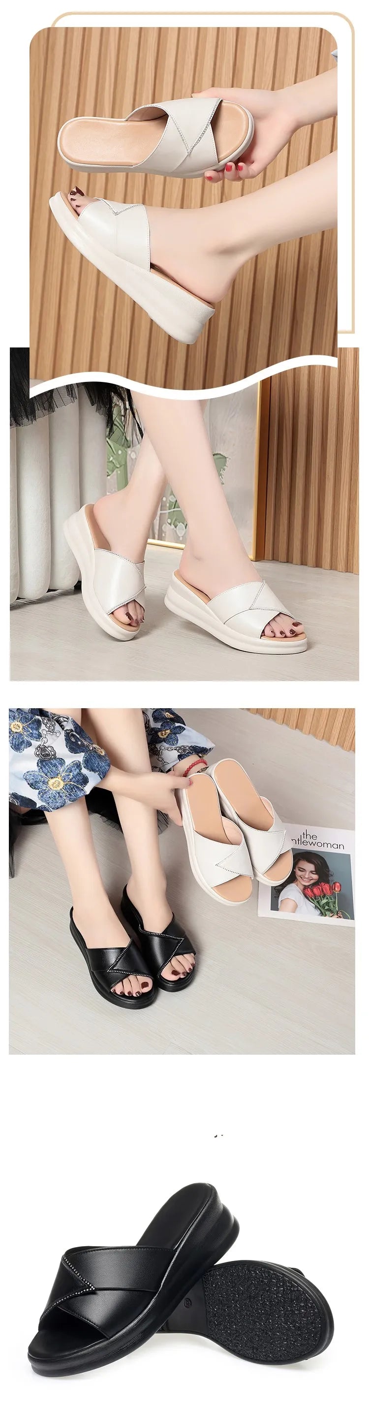 AIYUQI Frauen Hausschuhe Keil 2025, Echtes Leder Sommer Hausschuhe Frauen Große Größe Casual Mom Hausschuhe Damen