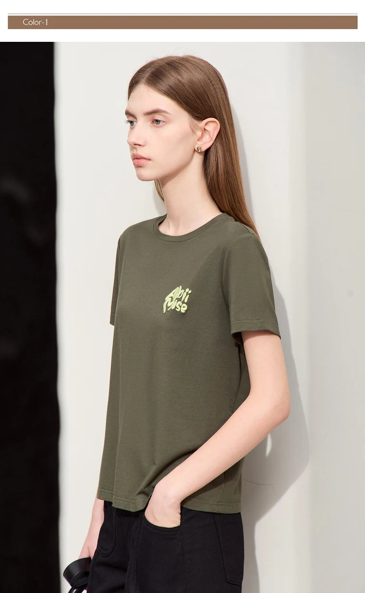 Damen T-Shirt im Minimalismus-Stil mit O-Ausschnitt und Stickerei