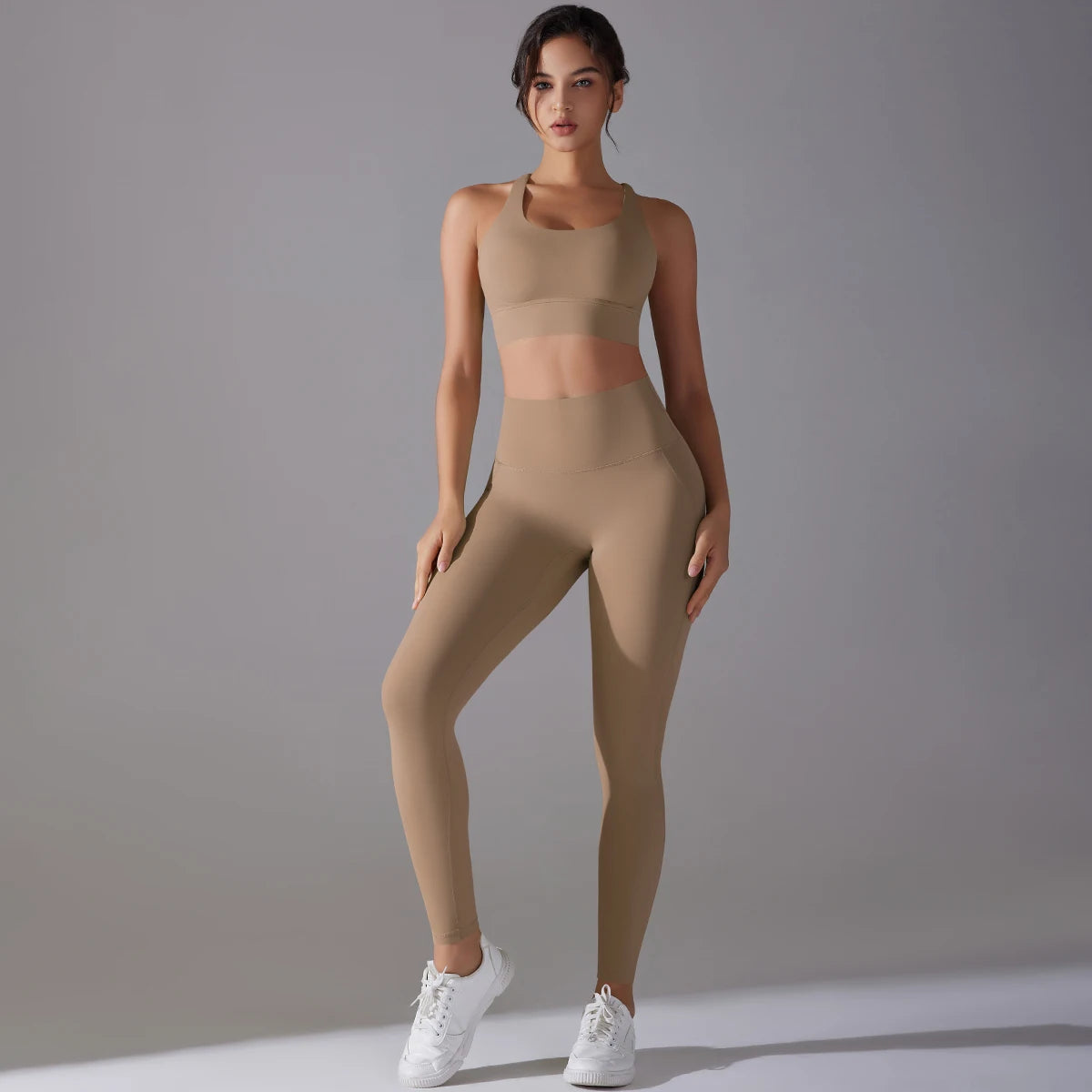 Damen-Yoga-Set mit Bügeltop und Leggings, Slim Fit, schokoladenbraun-beige