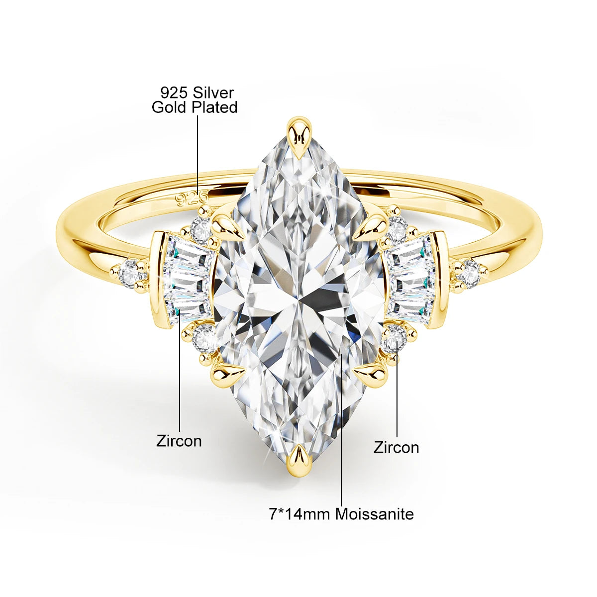 Damen-Verlobungsring aus Moissanit mit GRA Zertifikat, Marquise-Schliff, 3 Karat, 7x14 mm