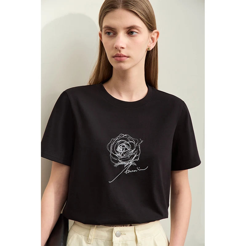 Damen Kurzarm-T-Shirt im minimalistischen Stil mit O-Ausschnitt und Stickerei