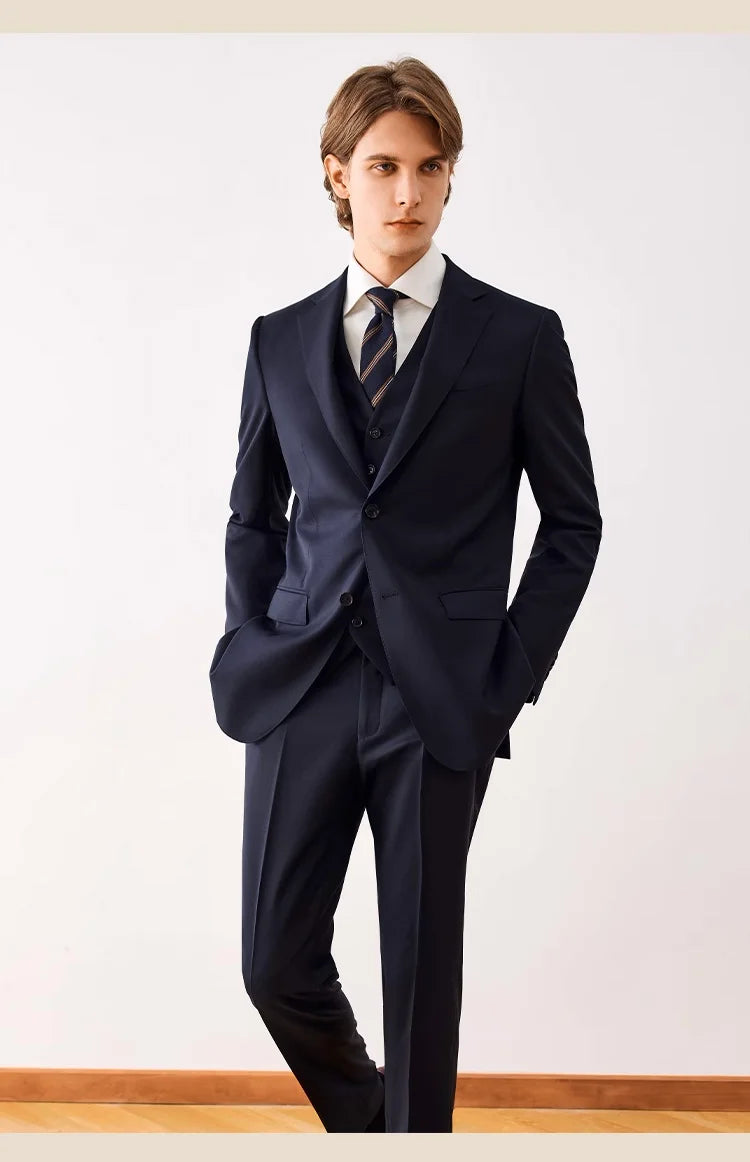 Doppelreihiger Herrenanzug mit schwarzem Streifenmuster aus Wolle – Slim Fit für Hochzeit, Büro und festliche Anlässe