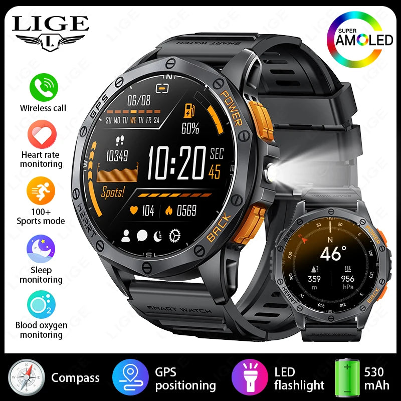 LIGE Military GPS Smart Uhr Männer AMOLED HD Bildschirm Bluetooth Anruf Herzfrequenz LED Taschenlampe Kompass 530 mAh Smartwatches 2025 neue