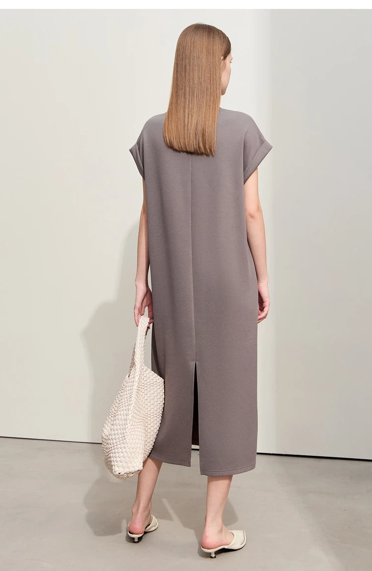 Damen Kleid für Sommer neue lässige O-Ausschnitt Kurzarm Midi gerade Perlen Stickerei Kleid Dame
