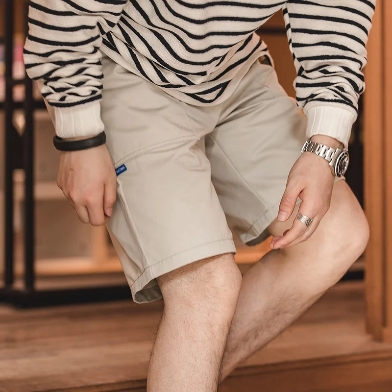 Herren Shorts im Vintage-Stil aus Khaki Canvas mit elastischer Taille und Taschen