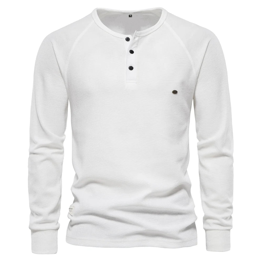 Herren Langarm Waffel Henley T-Shirt in fester Farbe für den Herbst
