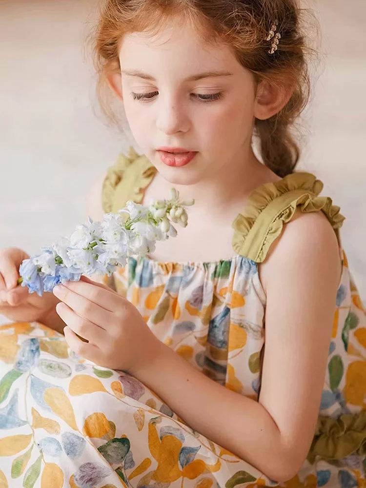 Ärmelloses Sommerkleid für Mädchen im chinesischen Stil aus 100% Baumwolle mit kleinem Blumenmuster – Cheongsam für Kinder von 3 bis 14 Jahren