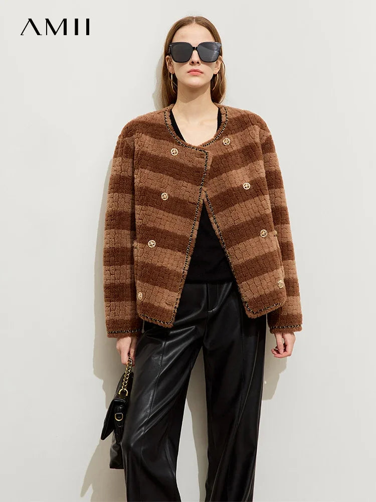 Damen Mantel aus hochwertigem Patchwork-Fleece mit warmem Crew Neck Design
