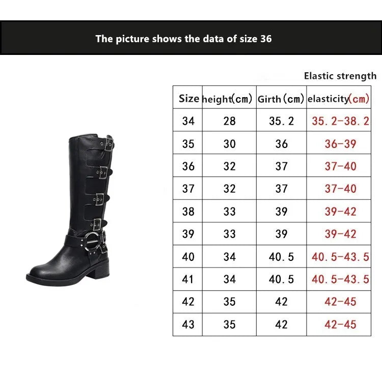 Schwarzer kniehoher Stiefel mit Riemen und Metall-Schnallen, seitlich vorn.