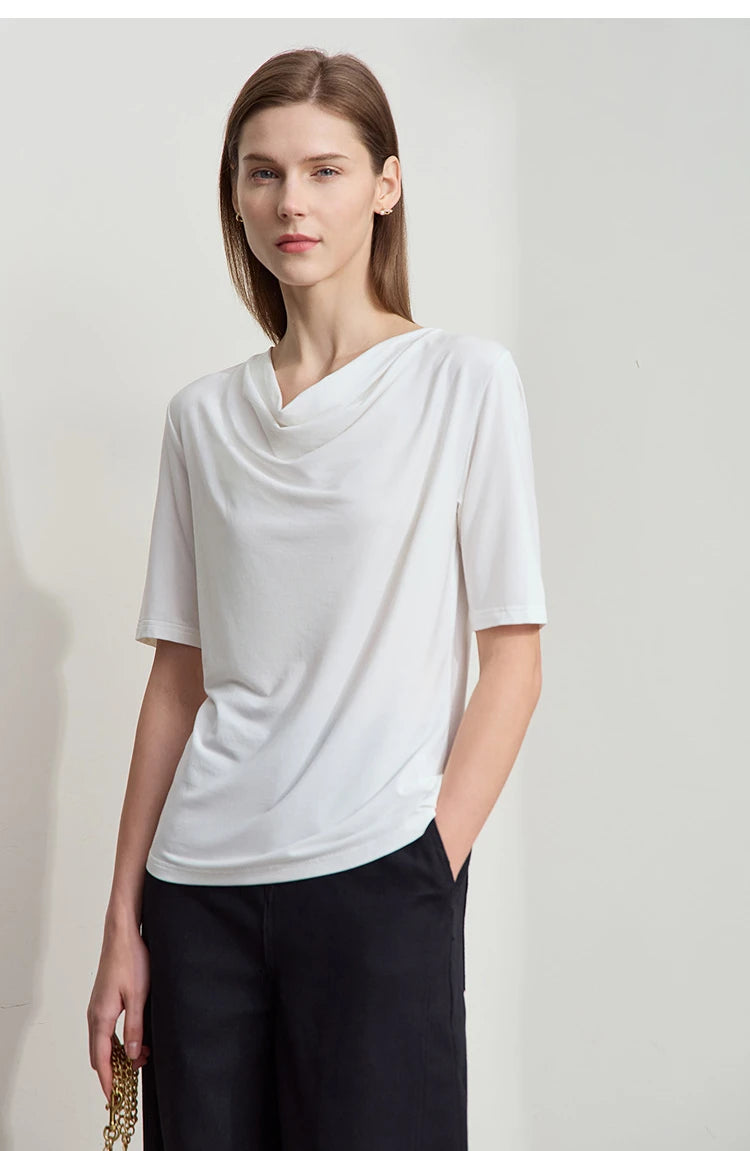 Damen T-Shirt mit drapierter Kragen- und besticktem Design aus modalem Strick