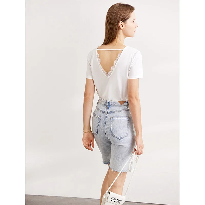Damen T-Shirt aus mercerisierter Baumwolle mit V-Ausschnitt und Spitzen-Detail