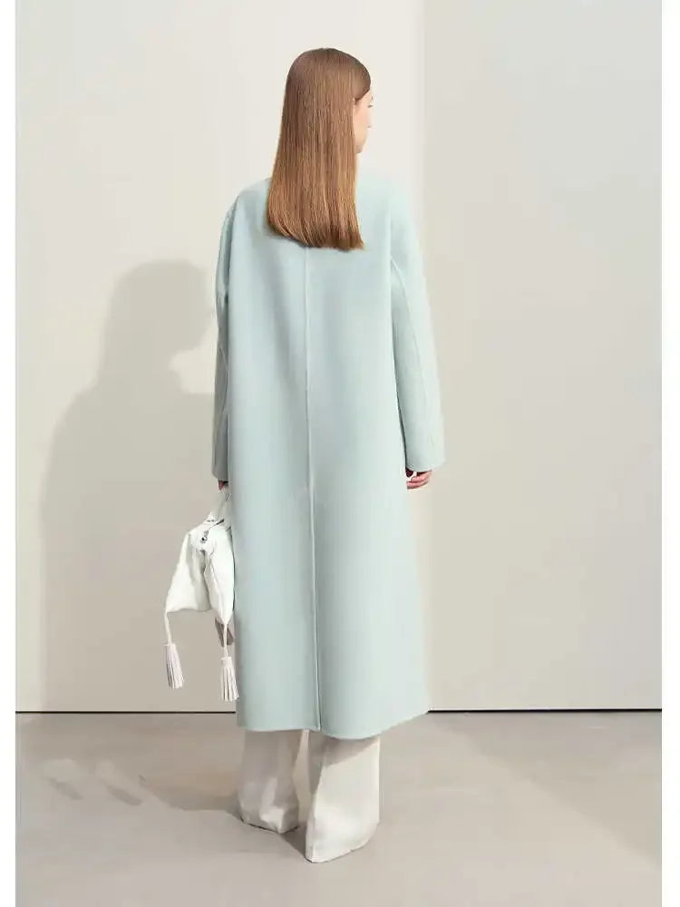 Damen Langer Mantel aus Wolle im minimalistischen chinesischen Stil mit Taschen