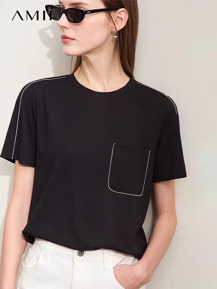 Damen Sommer-T-Shirts im minimalistischen Stil mit O-Ausschnitt und kurzen Ärmeln