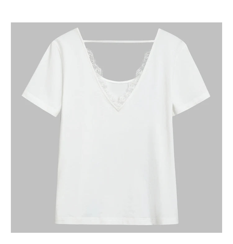 Damen T-Shirt aus mercerisierter Baumwolle mit V-Ausschnitt und Spitzen-Detail