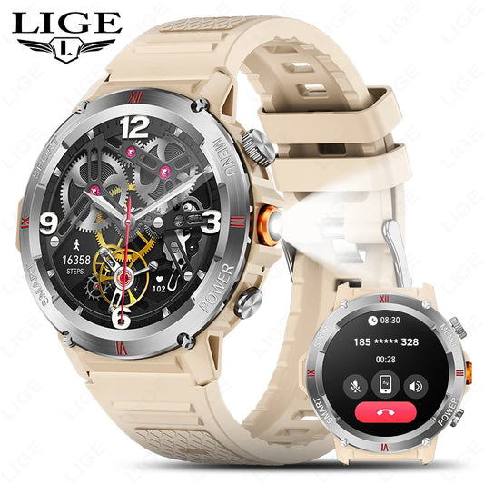 LIGE 1,46 "LED Taschenlampe Smart Uhr Männer 100 + Sport Fitness Tracker Gesundheit Monitor Bluetooth Anruf Smartwatch Für Android IOS