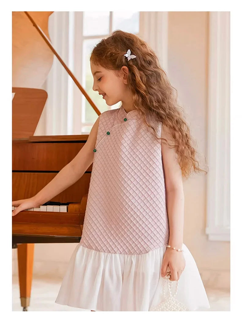 Beiges Prinzessinnen-Kleid für Mädchen mit kurzen Ärmeln – ideal für Hochzeiten und Geburtstage, Größe 110-170 cm
