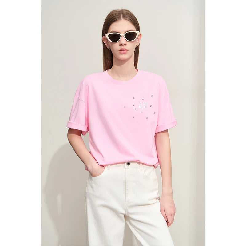 Damen T-Shirts im Minimalismus-Stil mit Stickerei und lässigen Ärmeln