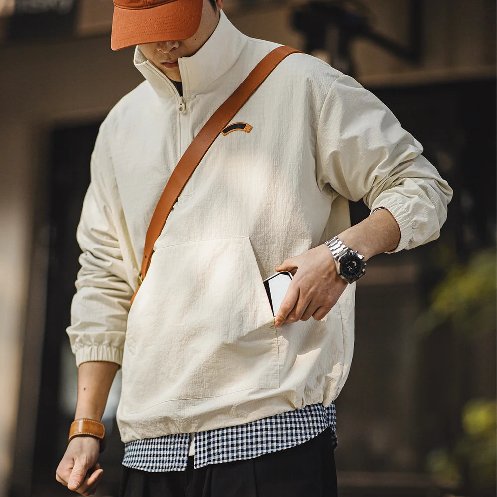 Männer Pullover Jacke Vintage Half-Zip Stehkragen Taschen Outdoor Streetwear