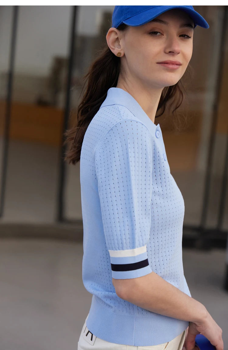 Damen Pullover im Minimalismus-Stil mit Polo-Ausschnitt und Kontrastfarben