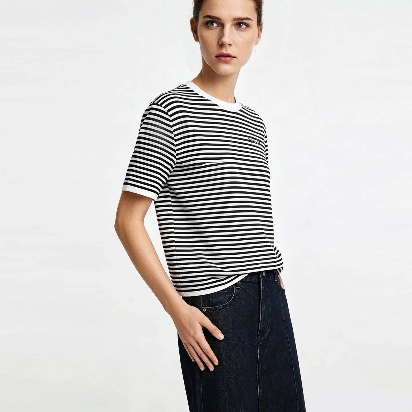 Damen-Rundhalspullover Colorblock Streifen Kurzarm locker Viskose Sommer