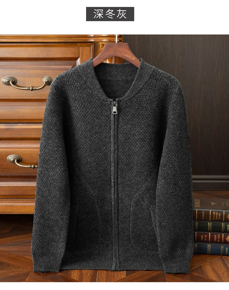 Herren-Strickjacke mit Baseball-Kragen, 100 % reine Wolle, Herren 2024, Herbst und Winter, verdickter lässiger Strickpullover, Jacke, Outdoor-Blazer