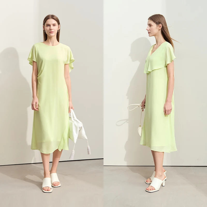 Stilvolles Chiffon Midi Kleid Damen V Ausschnitt Weicher Sommerstoff