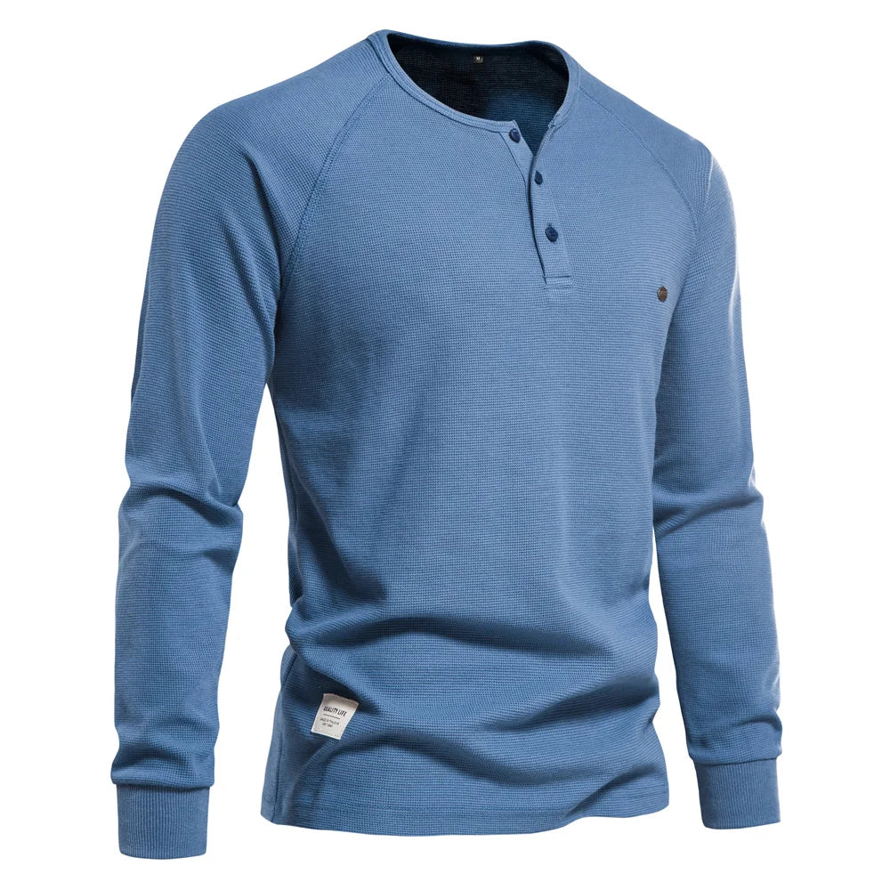 Herren Langarm Waffel Henley T-Shirt in fester Farbe für den Herbst