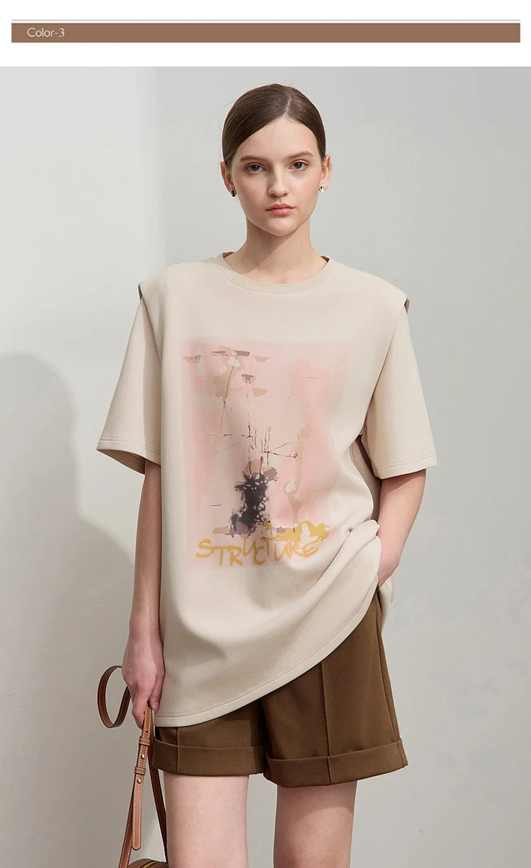 Damen T-Shirt im minimalistischen Stil mit lässigem O-Ausschnitt und Kunstdruck