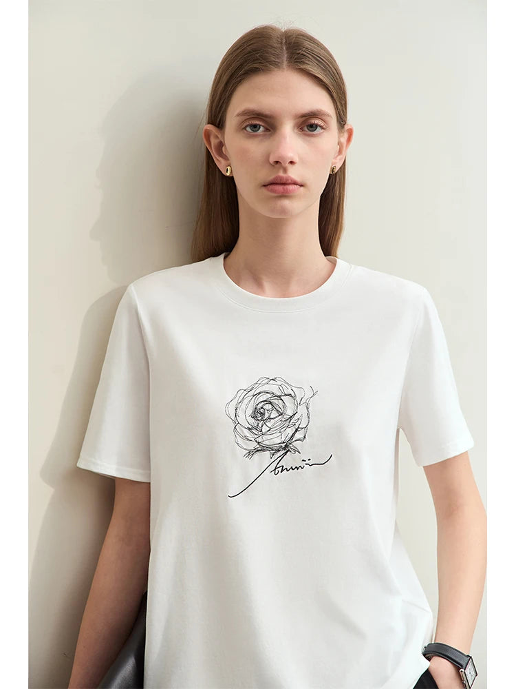 Damen Kurzarm-T-Shirt im minimalistischen Stil mit O-Ausschnitt und Stickerei