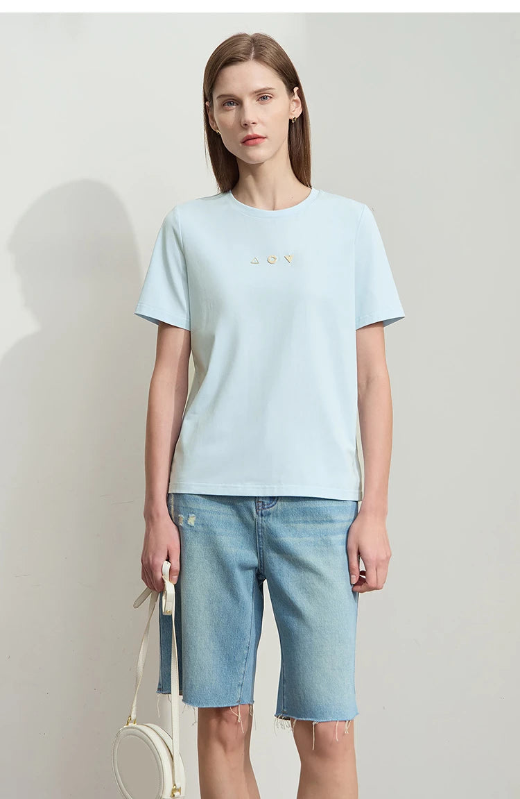 Damen T-Shirt mit O-Ausschnitt und geometrischer Dekoration aus antibakterieller Baumwolle
