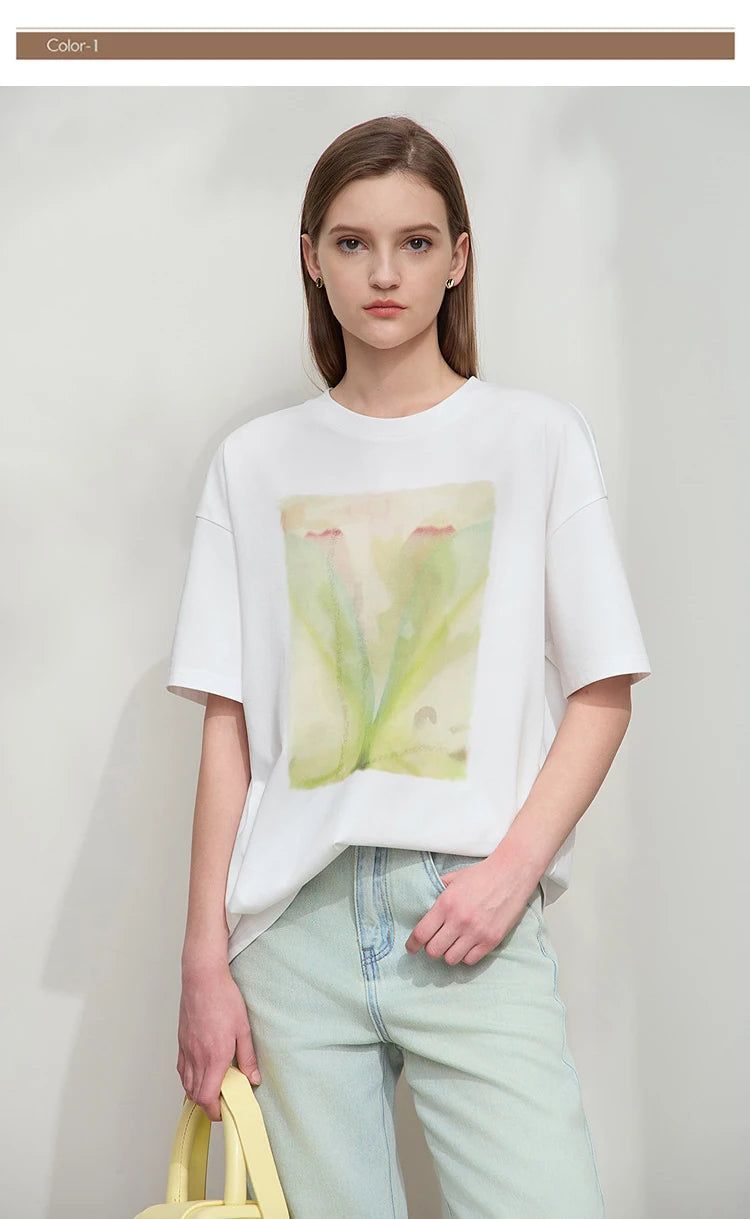 Damen T-Shirt im minimalistischen Stil mit Druck und Rundhals-Ausschnitt