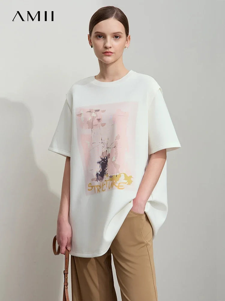 Damen T-Shirt im minimalistischen Stil mit lässigem O-Ausschnitt und Kunstdruck