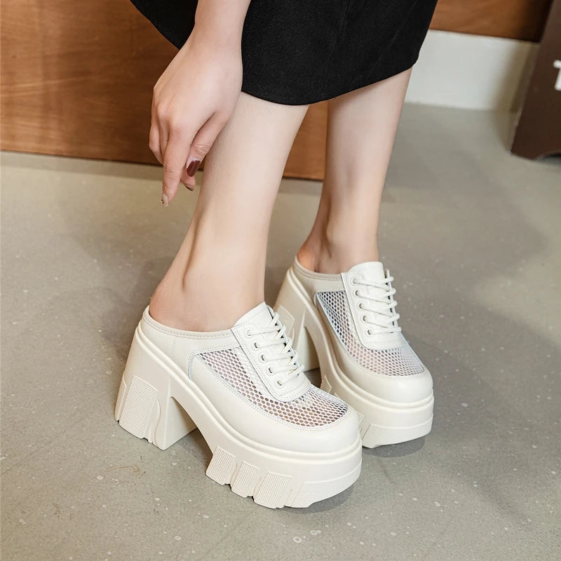 AIYUQI Hausschuhe Frauen High Heel 2025 Neue Sommer Closed Toe Frauen Hausschuhe 11 cm Höhe Mesh Plattform Hausschuhe Frauen