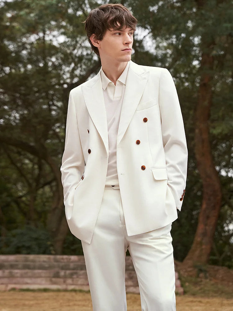 Hochwertiger Herrenanzug aus Wolle-Kaschmir, Weiß, Slim Fit, Doppelreiher für Hochzeit und Business.