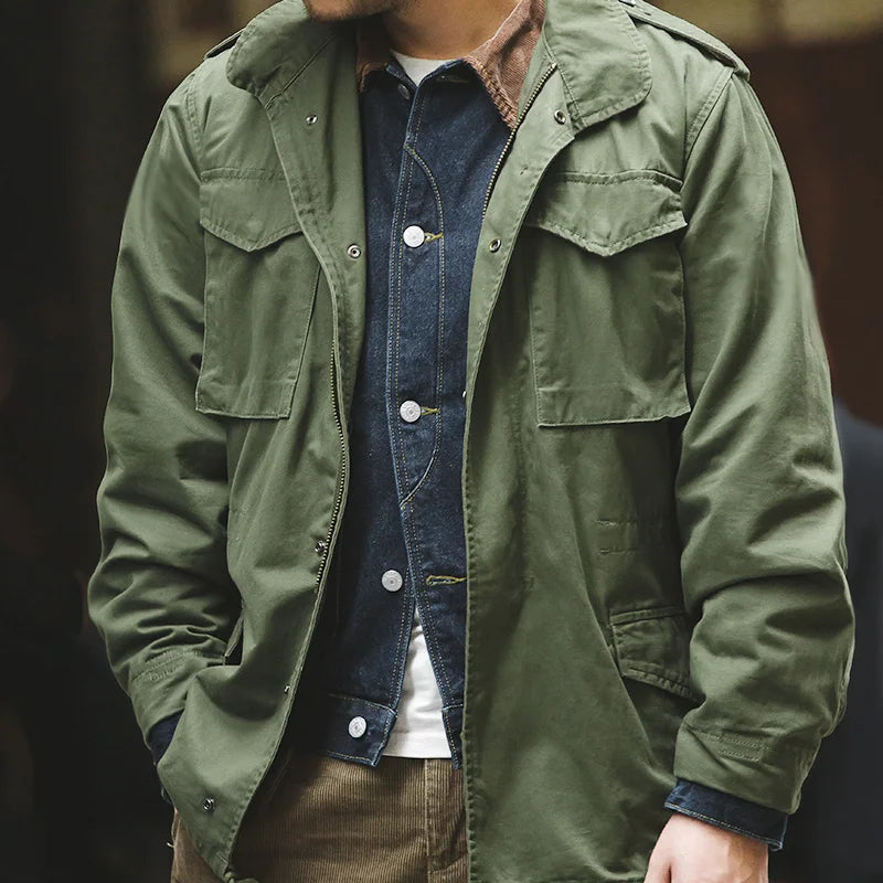 Herren Feldjacke Grüne Vintage-Armeejacke Lässige Windjacke Reverskragen Taschen Mantel