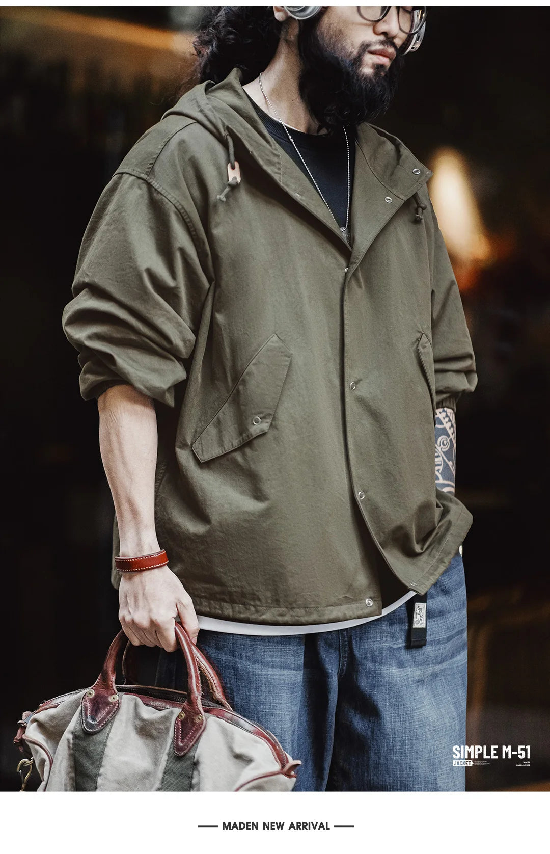 Herren Kapuzenjacke Vintage Grün Lockere Taschen Versteckte Knopfleiste