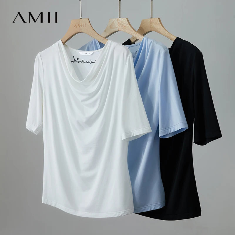 Damen T-Shirt mit drapierter Kragen- und besticktem Design aus modalem Strick