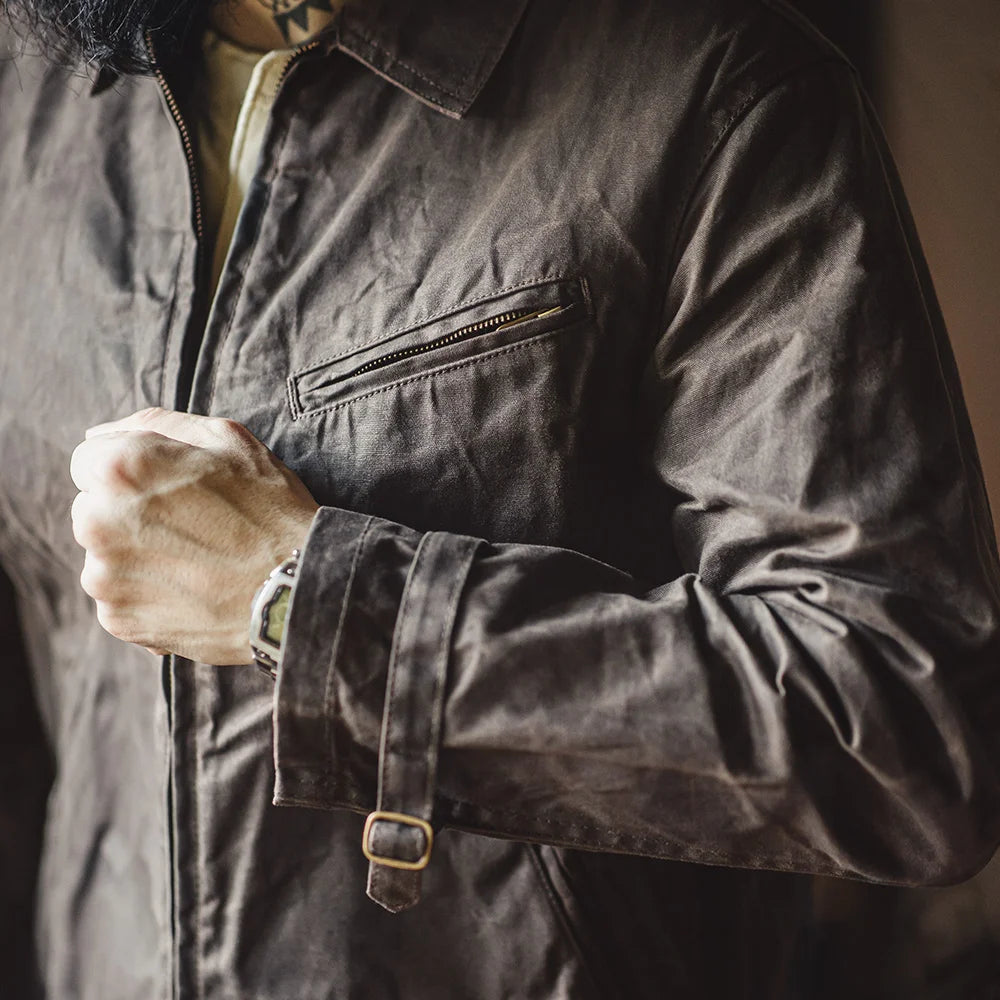 Herren Jacke Vintage IV Oil Waxed Canvas Revers Reißverschluss Taschen