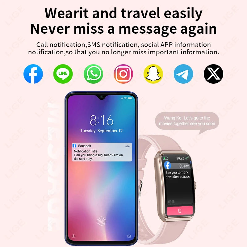 LIGE 1,47" 3D gebogener Bildschirm BT Anruf Musik Smart Watch IP68 wasserdicht Herzfrequenz Blutsauerstoff Frauen Smartwatch 100+ Zifferblatt