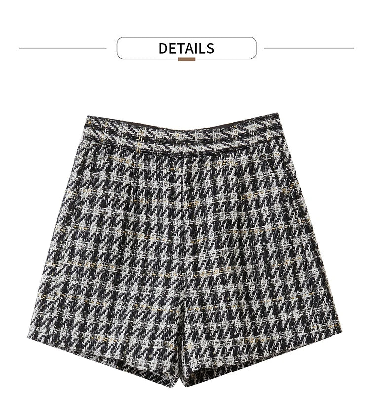 Damen Shorts im Retro-Stil mit kariertem Patchwork und Taschen