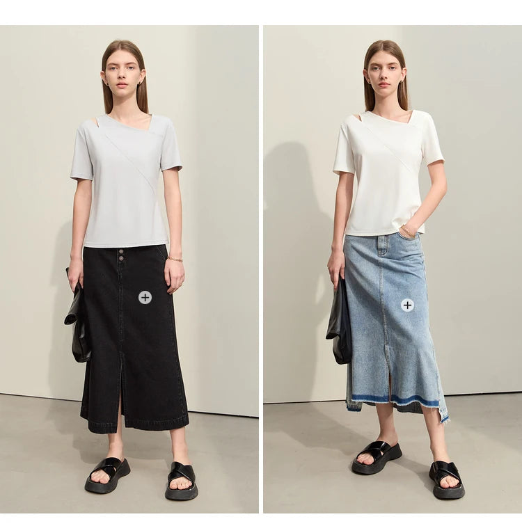 Damen T-Shirts im Minimalismus-Stil mit asymmetrischem V-Ausschnitt und kurzen Ärmeln